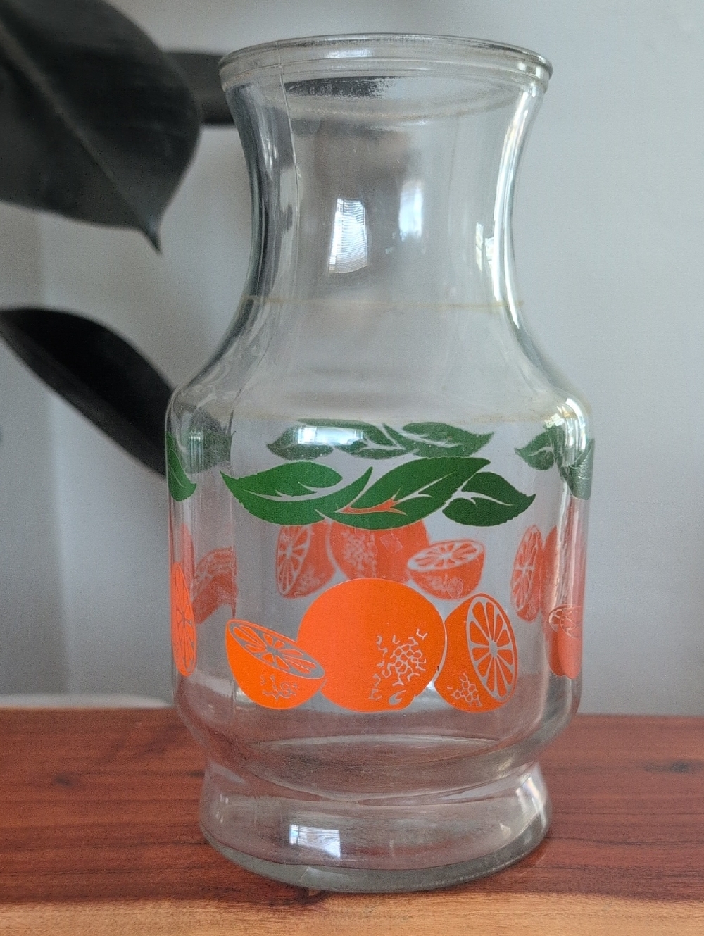 Vintage Ancho Hocking Clear Glass Juice Carafe with Orange and Green Fruit Motif